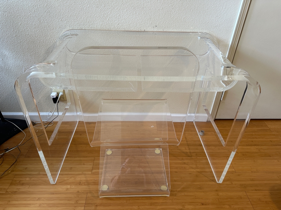 Lucite Desk and Chair with Shelves 41W x 24D x 29H [Photo 3]