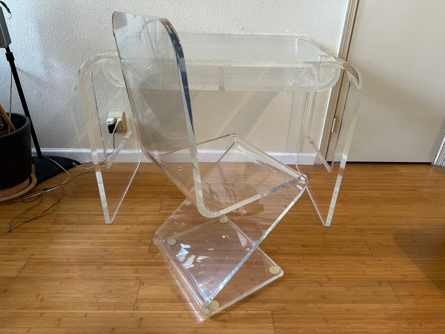 Lucite Desk and Chair with Shelves 41W x 24D x 29H [Photo 2]