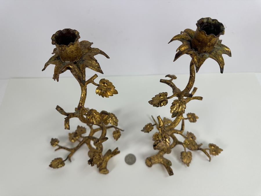 Mid Century Hollywood Regency Gilt Metal Candleholders  [Photo 3]