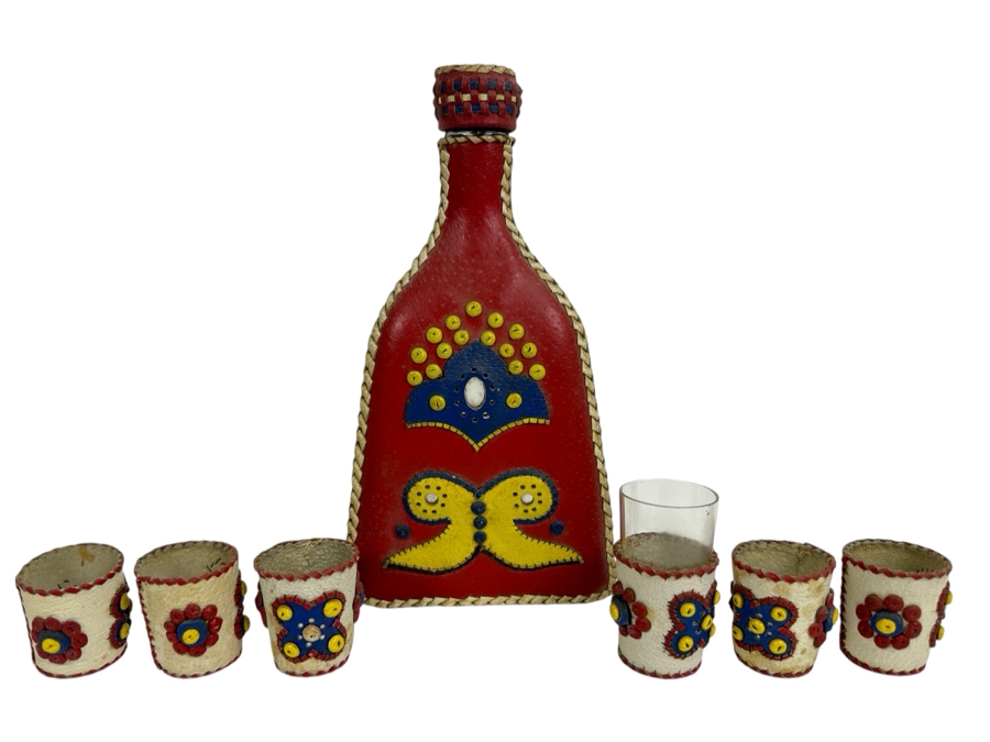 Handmade Leather Decanter with Shot Glass Sleeves 8H 