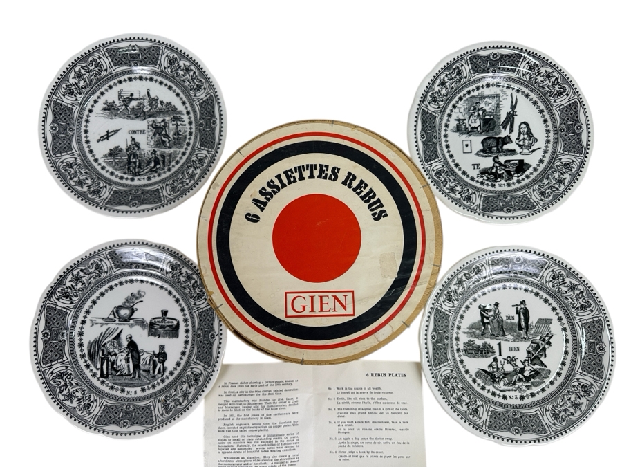 Gien Set of (4) Rebus Puzzle Black and White Dessert Plates Made in France