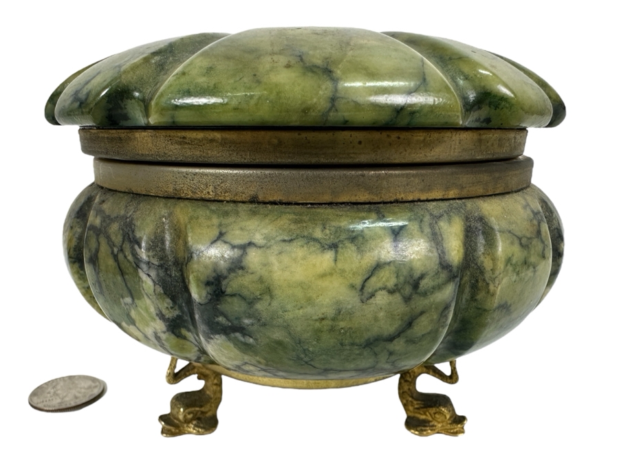 Stunning Vintage Italian Carved Green Marble Seashell With Brass Dolphin Feet Box And Vintage Matches - See Photos 6W X 4H [Photo 1]