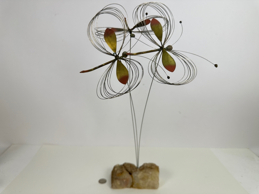 Signed Curtis Jere 1968 MCM Dragonfly Metal Sculpture on Stone Base 18H [Photo 3]