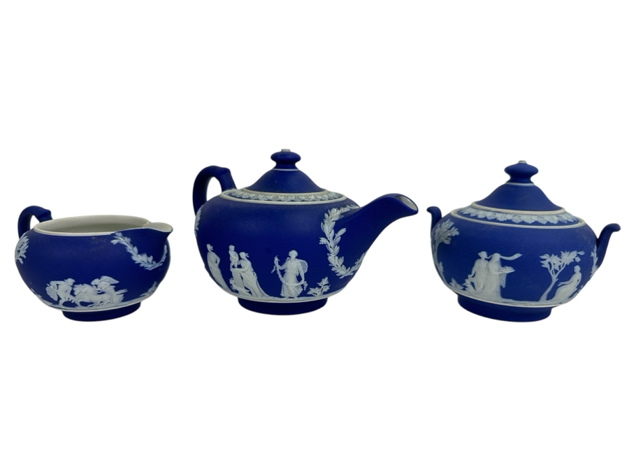Wedgwood Jasperware Cobalt Blue Tea, Sugar and Creamer Set