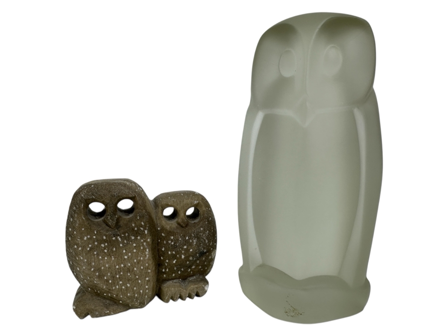 Carved Stone Owls 3H And Vintage Satin Glass Owl Figurine By Hein M. Laupman 5.5H [Photo 1]