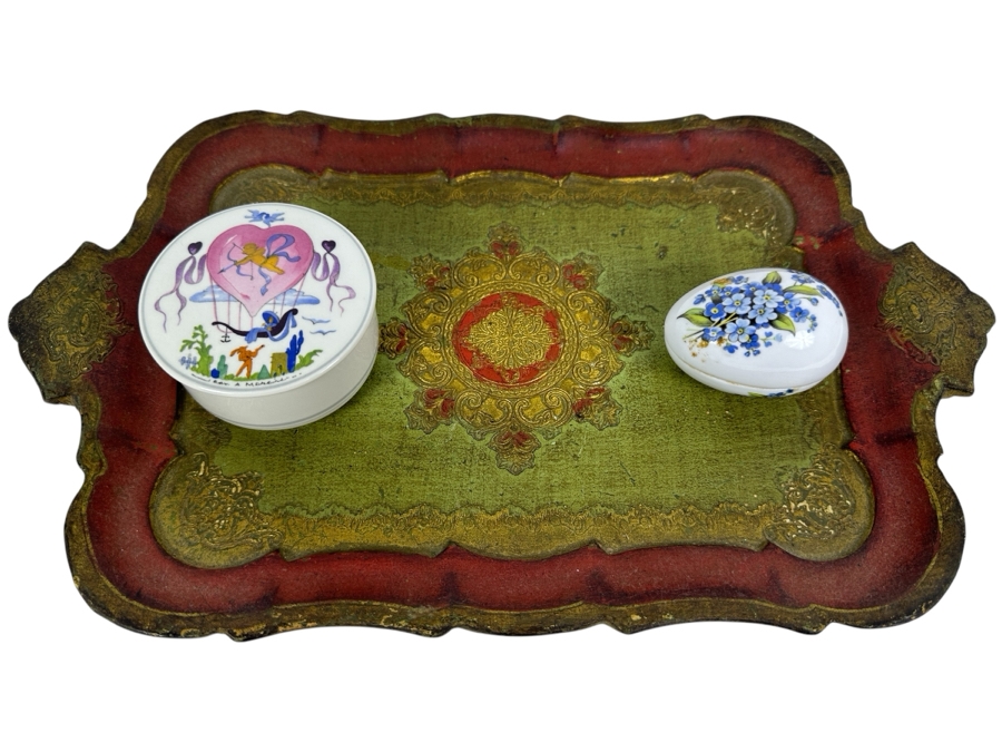 Vintage Italian Tray 15 X 9, Villeroy & Boch Porcelain Box 'Le Ballon' Based On Jean Mercier Watercolor Painting & Limoges France Porcelain Egg Box [Photo 1]