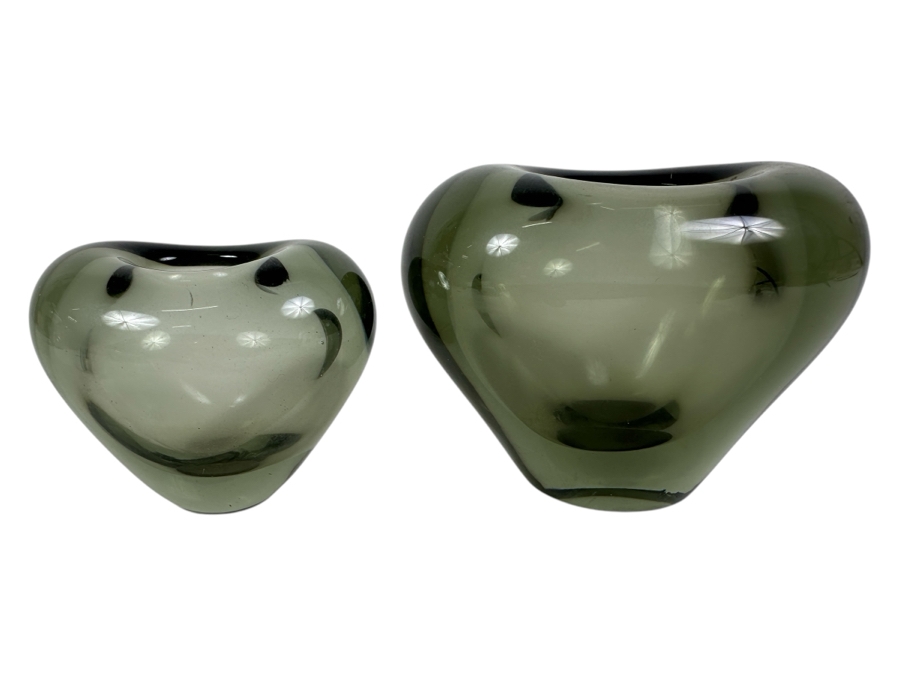 Pair Of Vintage Mid-Century Modern Holmegaard Heart Shaped Vases Designed By Per Lutken Danish 2.5H & 3H [Photo 1]
