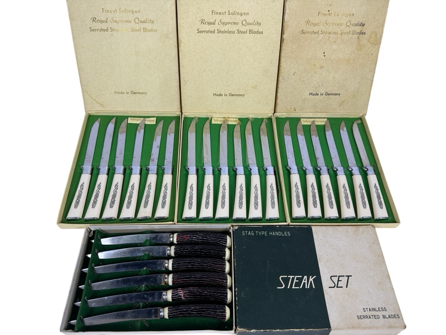 Set Of (18) New Old Stock Solingen Steak Knives From Germany Plus (6) Stag Type Handled Steak Knives [Photo 1]