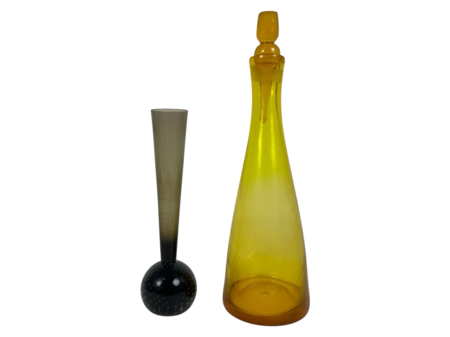 Vintage Yellow Glass Bottle With Stopper 9H And Bubble Bud Vase 6.5H [Photo 1]