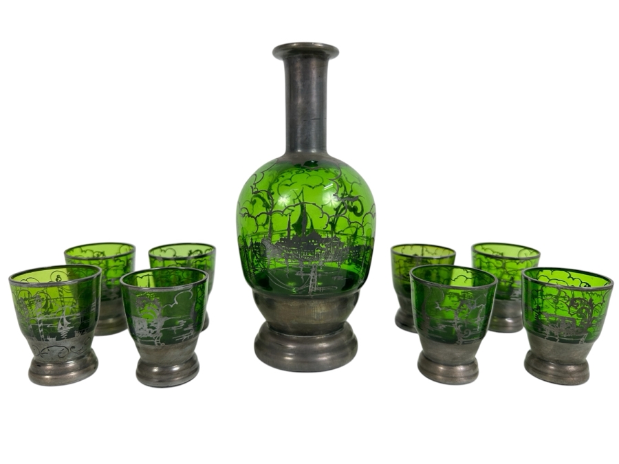 Green Glass With Silver Overlay Decanter 7.5H With Eight Glasses 2.5H Liquor Set [Photo 1]