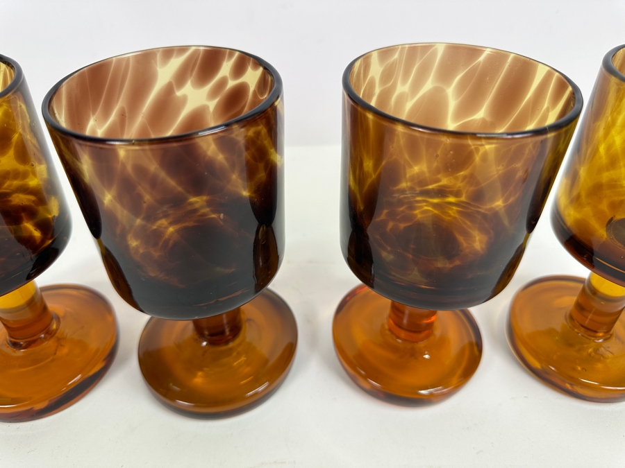 Just Added - Vintage 1970s Handblown Amber Leopard Pattern Stemware Glasses 6.5H [Photo 2]
