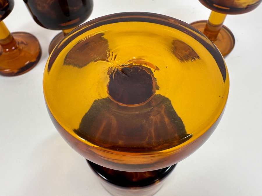 Just Added - Vintage 1970s Handblown Amber Leopard Pattern Stemware Glasses 6.5H [Photo 3]
