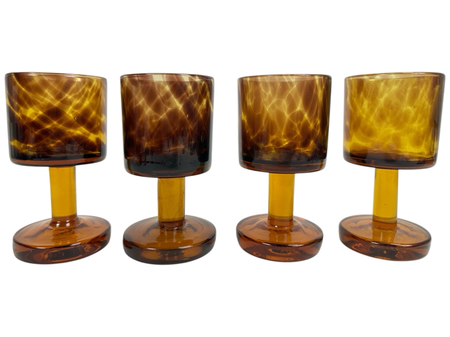 Just Added - Vintage 1970s Handblown Amber Leopard Pattern Stemware Glasses 6.5H