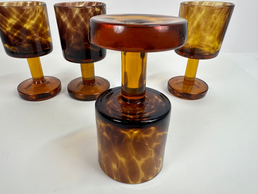Just Added - Vintage 1970s Handblown Amber Leopard Pattern Stemware Glasses 6.5H [Photo 4]