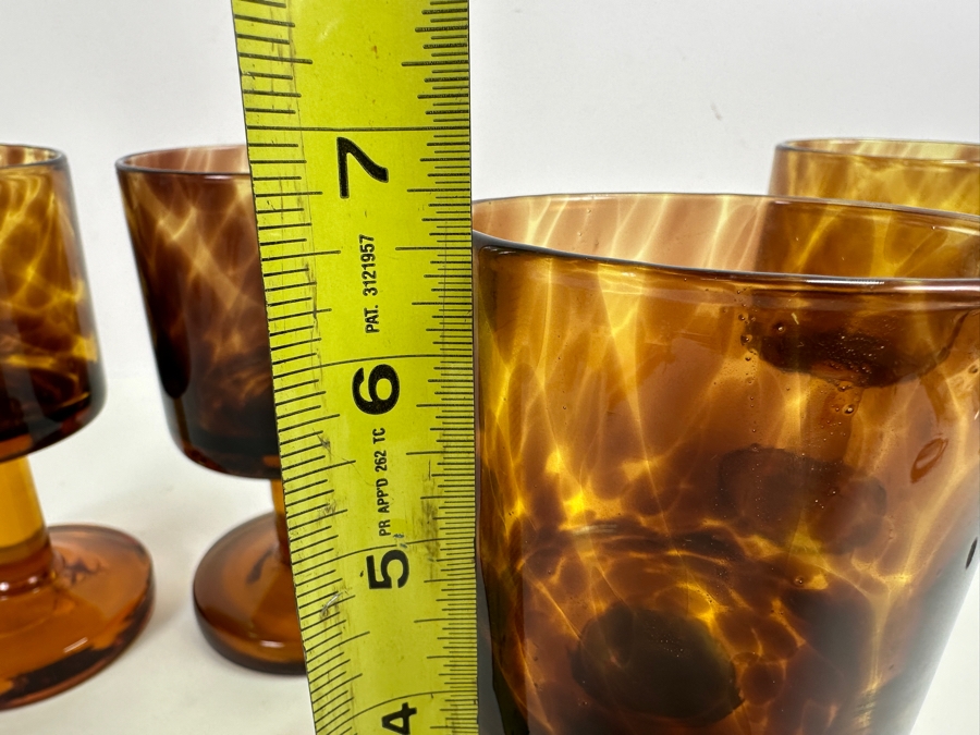 Just Added - Vintage 1970s Handblown Amber Leopard Pattern Stemware Glasses 6.5H [Photo 5]
