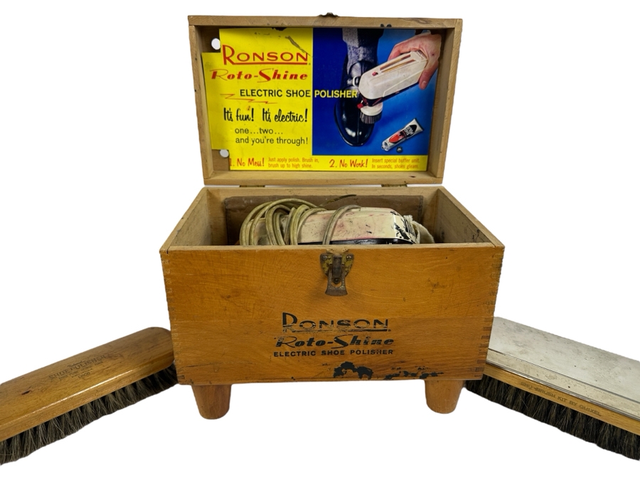 Just Added - Vintage MCM Ronson Roto-Shine Electric Shoe Polisher With Wooden Box And Brushes