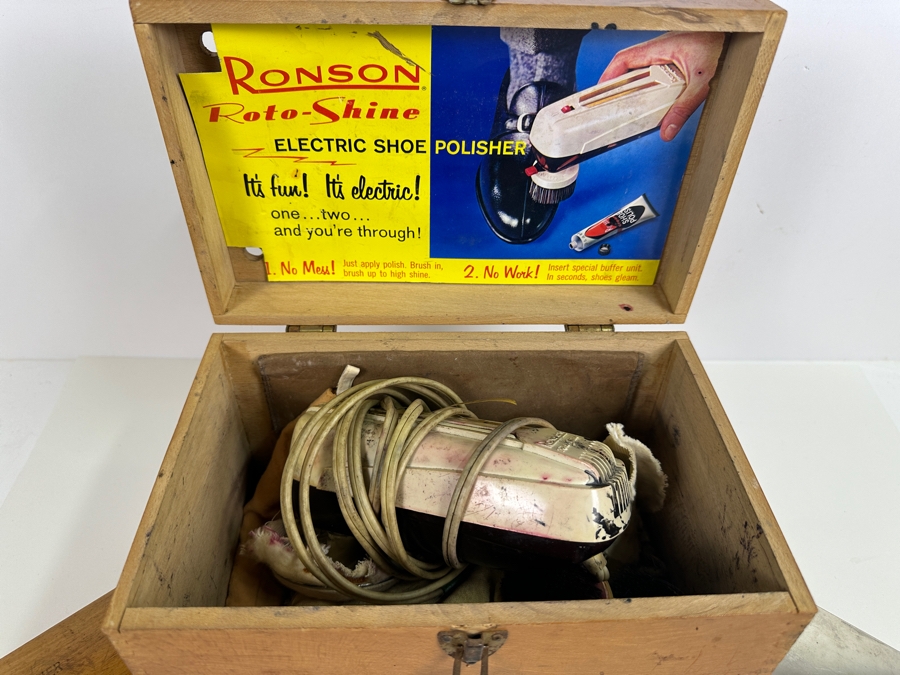 Just Added - Vintage MCM Ronson Roto-Shine Electric Shoe Polisher With Wooden Box And Brushes [Photo 3]