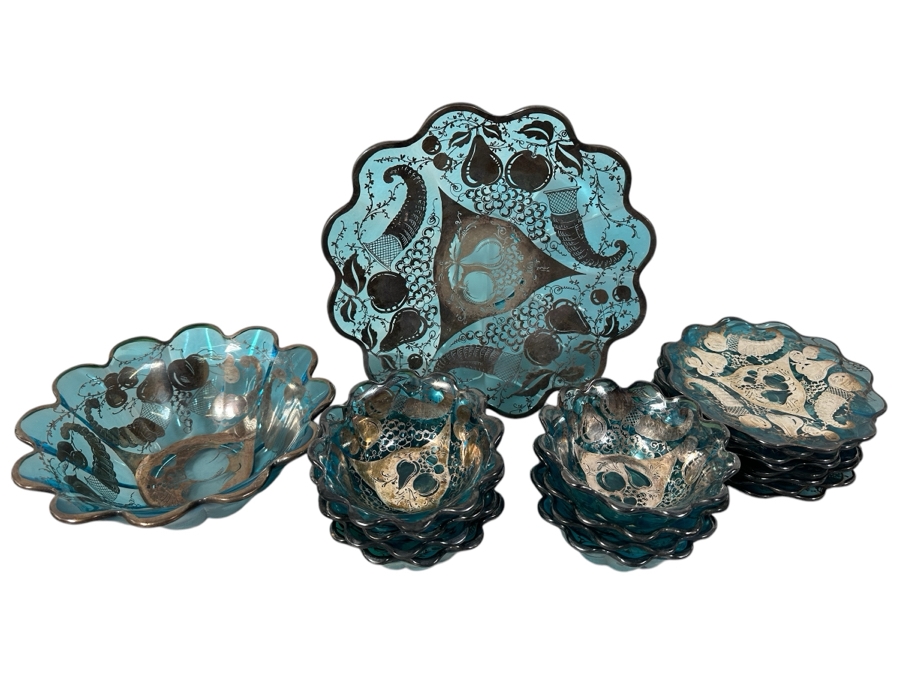 Just Added - Vintage Blue Glassware With Silver Overlay Plates & Bowls