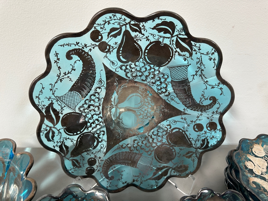 Just Added - Vintage Blue Glassware With Silver Overlay Plates & Bowls [Photo 2]