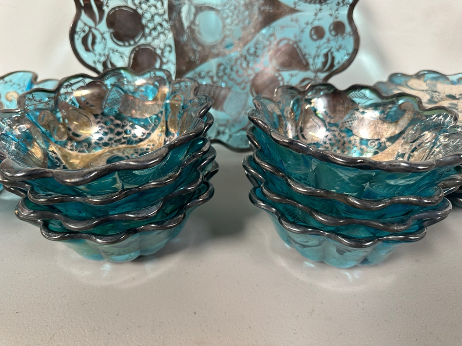 Just Added - Vintage Blue Glassware With Silver Overlay Plates & Bowls [Photo 5]