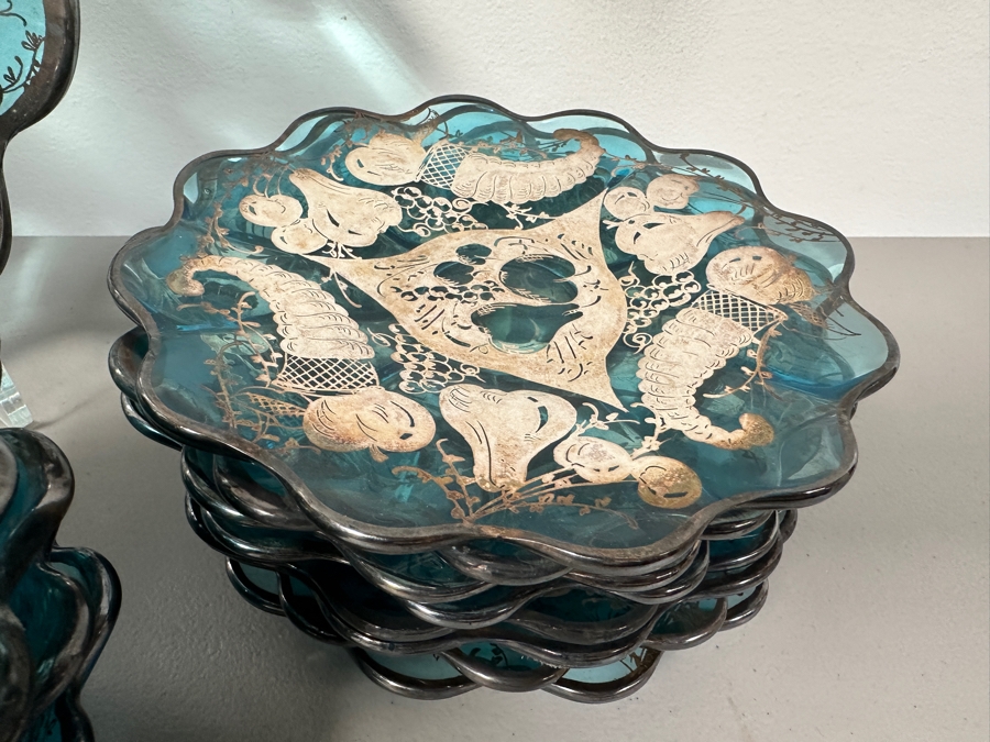 Just Added - Vintage Blue Glassware With Silver Overlay Plates & Bowls [Photo 4]