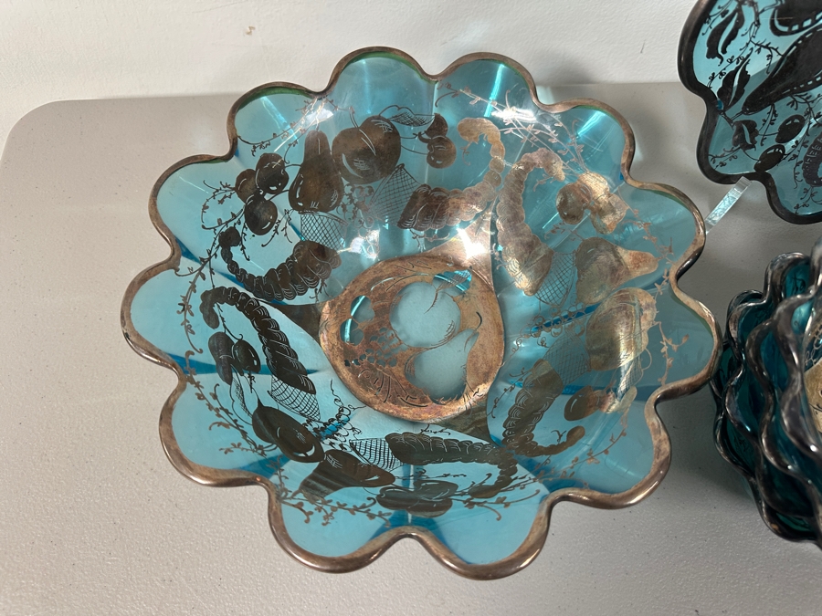 Just Added - Vintage Blue Glassware With Silver Overlay Plates & Bowls [Photo 6]