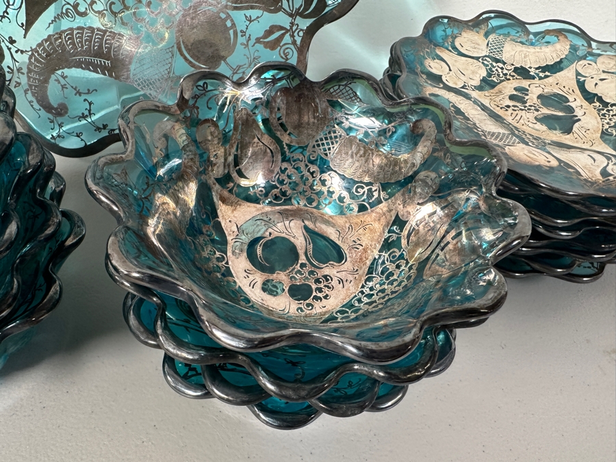 Just Added - Vintage Blue Glassware With Silver Overlay Plates & Bowls [Photo 3]