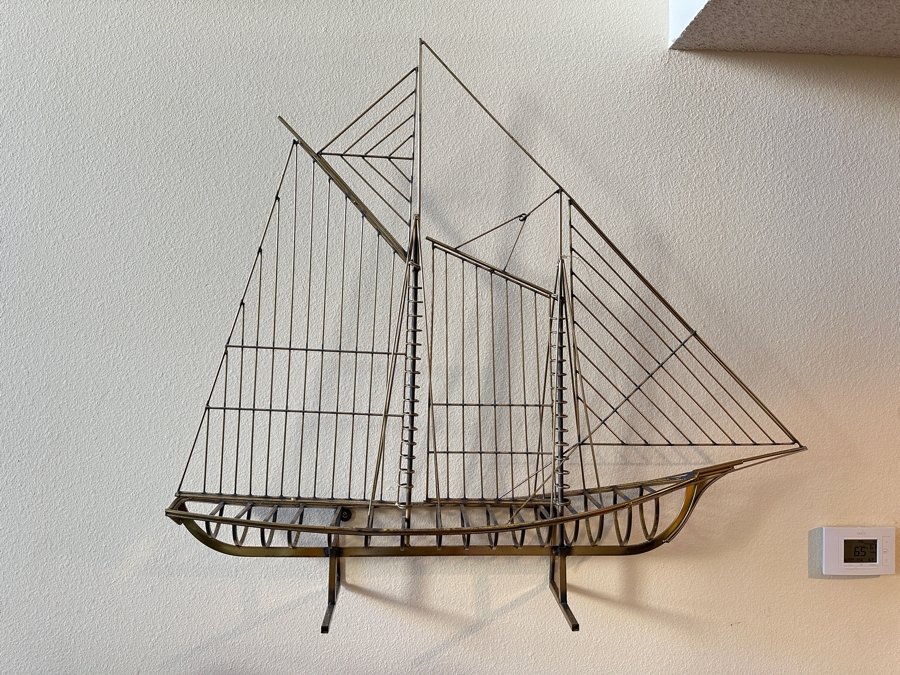 Just Added - Large Curtis Jere Brass Sailing Boat Sculpture Wall Artwork 48W X 41H X 8D Estimate $1,000+ [Photo 3]
