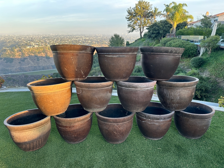 Just Added - (12) Round Brown Resin Plant Planters 22W X 16.5H [Photo 3]