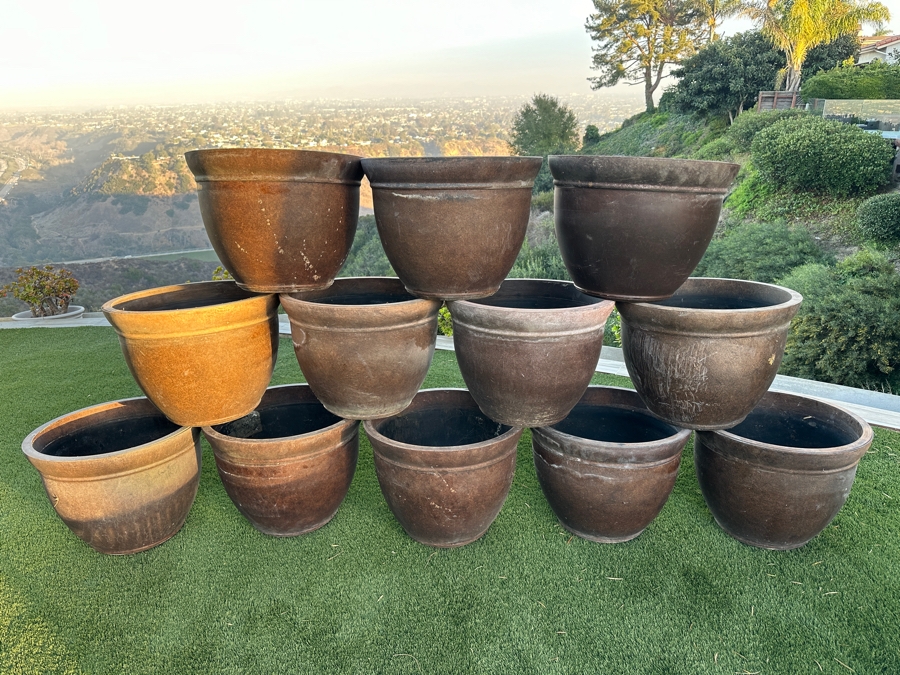 Just Added - (12) Round Brown Resin Plant Planters 22W X 16.5H [Photo 2]