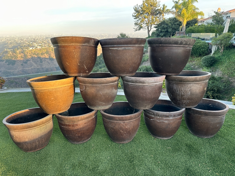 Just Added - (12) Round Brown Resin Plant Planters 22W X 16.5H