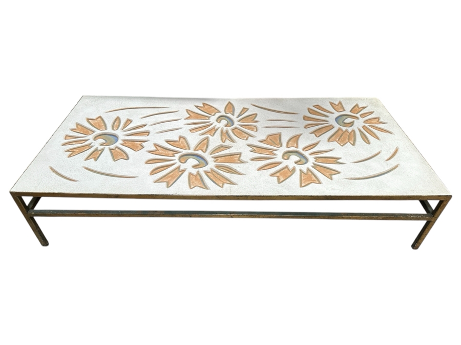 Just Added - One Of A Kind Artist Designed Coffee Table With Sandstone Top And Metal Base Signed TUTTLE 36W X 72L X 14H
