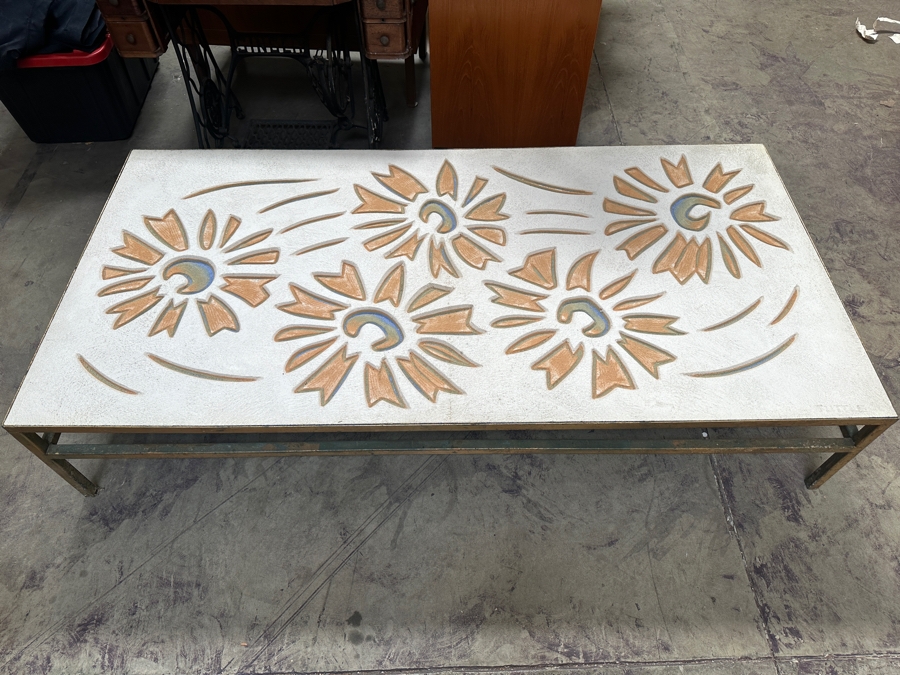 Just Added - One Of A Kind Artist Designed Coffee Table With Sandstone Top And Metal Base Signed TUTTLE 36W X 72L X 14H [Photo 3]