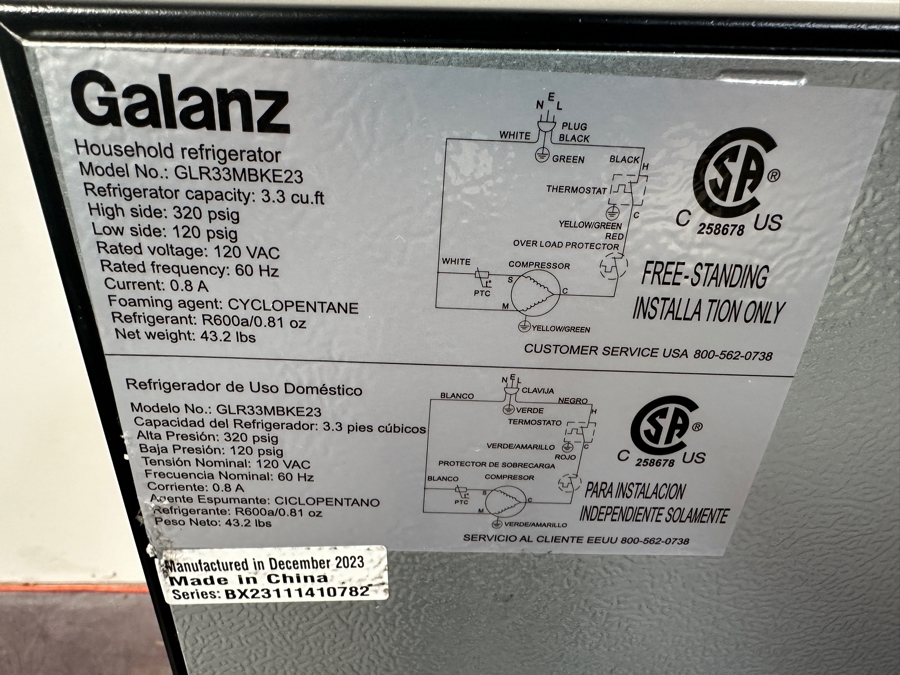 Just Added - Galanz 3.3 Cubic Inch Mini Fridge in Black Model #GLR33MBKE23 17W x 19D x 33H [Photo 4]
