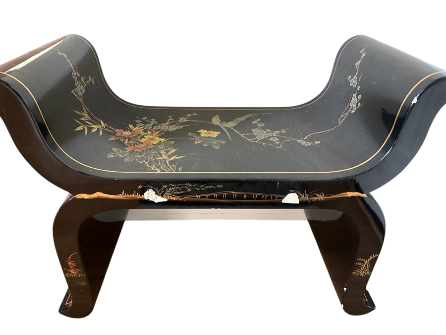 Just Added - Vintage Chinoiserie Black Lacquer Bench With Applied Soapstone Figures 30W X 14D X 23H [Photo 1]