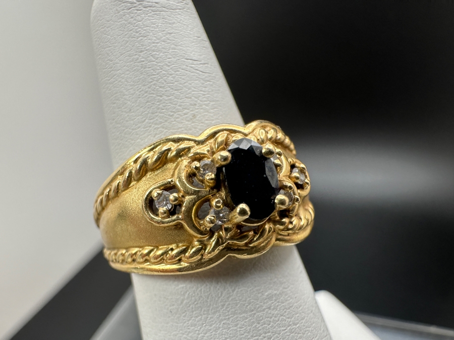 14K Gold Sapphire / Diamond Ring With 5.8mm X 4mm Sapphire Accented With Six Diamonds .06cttw SI2-I1 G-H Size 6.25 5.8g Retail Value $1,500 [Photo 6]