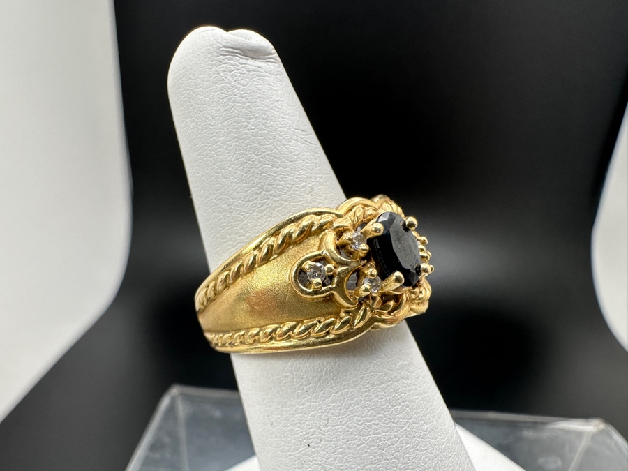 14K Gold Sapphire / Diamond Ring With 5.8mm X 4mm Sapphire Accented With Six Diamonds .06cttw SI2-I1 G-H Size 6.25 5.8g Retail Value $1,500 [Photo 5]
