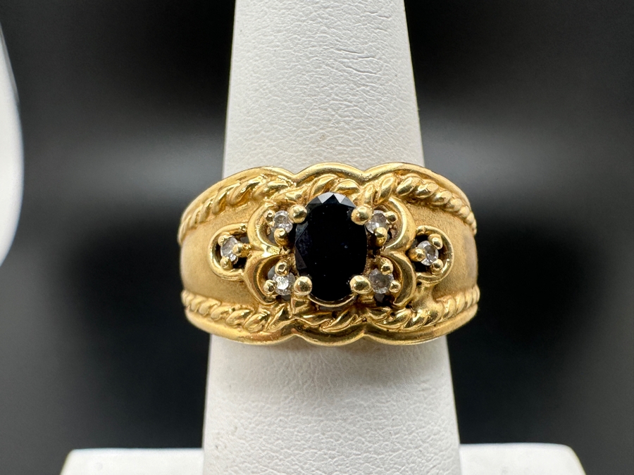 14K Gold Sapphire / Diamond Ring With 5.8mm X 4mm Sapphire Accented With Six Diamonds .06cttw SI2-I1 G-H Size 6.25 5.8g Retail Value $1,500 [Photo 3]