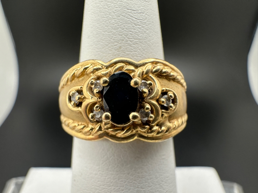 14K Gold Sapphire / Diamond Ring With 5.8mm X 4mm Sapphire Accented With Six Diamonds .06cttw SI2-I1 G-H Size 6.25 5.8g Retail Value $1,500 [Photo 2]