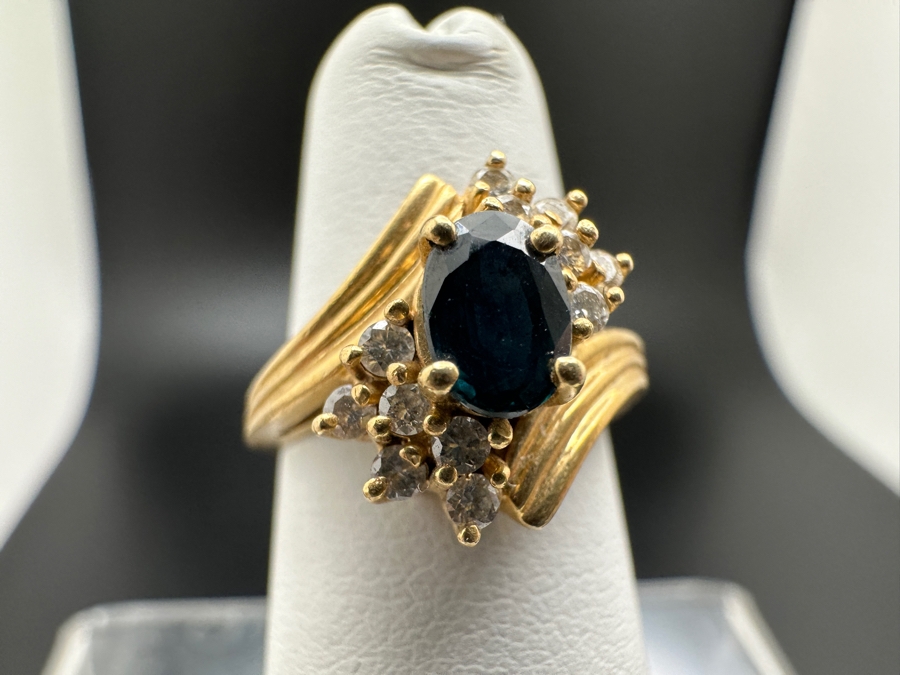 14K Gold Sapphire / Diamond Ring 6X4 Sapphire Accented With 12 Diamonds H-1 / SI2-I1 Size 4.25 3.6g Retail Value $1,000 [Photo 3]