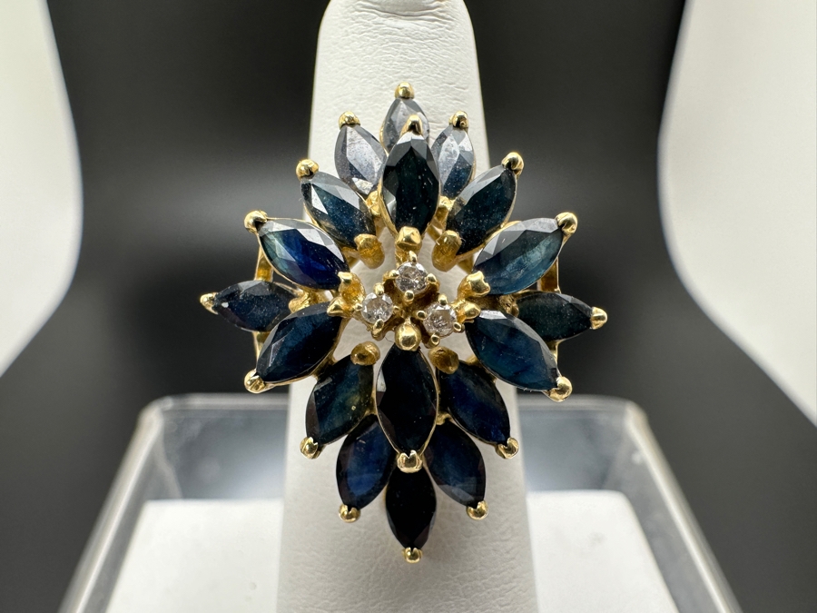 14K Gold Mozambique Sapphire / Diamond Ring (18) 6 x 3 Blue Sapphires Estimated 5.76cttw Accented With (3) Diamonds .03cttw Size 7 6.3g Retail Value $2,200 [Photo 2]
