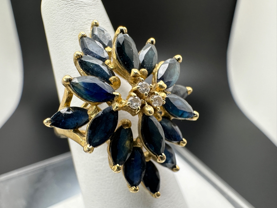 14K Gold Mozambique Sapphire / Diamond Ring (18) 6 x 3 Blue Sapphires Estimated 5.76cttw Accented With (3) Diamonds .03cttw Size 7 6.3g Retail Value $2,200 [Photo 5]