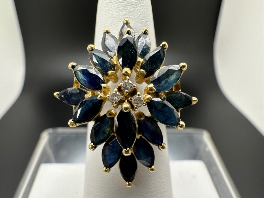 14K Gold Mozambique Sapphire / Diamond Ring (18) 6 x 3 Blue Sapphires Estimated 5.76cttw Accented With (3) Diamonds .03cttw Size 7 6.3g Retail Value $2,200 [Photo 3]