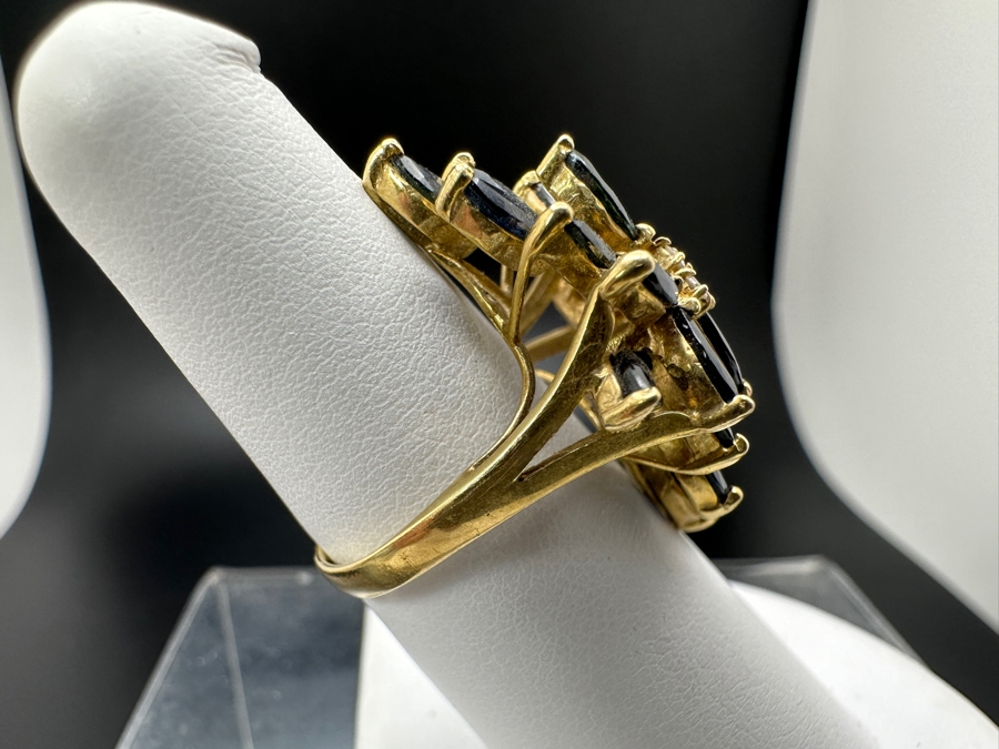 14K Gold Mozambique Sapphire / Diamond Ring (18) 6 x 3 Blue Sapphires Estimated 5.76cttw Accented With (3) Diamonds .03cttw Size 7 6.3g Retail Value $2,200 [Photo 7]