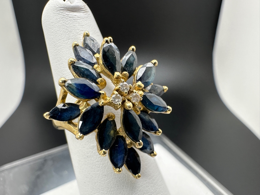 14K Gold Mozambique Sapphire / Diamond Ring (18) 6 x 3 Blue Sapphires Estimated 5.76cttw Accented With (3) Diamonds .03cttw Size 7 6.3g Retail Value $2,200 [Photo 4]