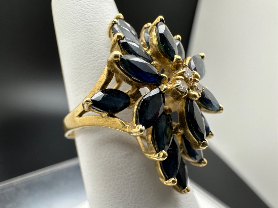 14K Gold Mozambique Sapphire / Diamond Ring (18) 6 x 3 Blue Sapphires Estimated 5.76cttw Accented With (3) Diamonds .03cttw Size 7 6.3g Retail Value $2,200 [Photo 6]