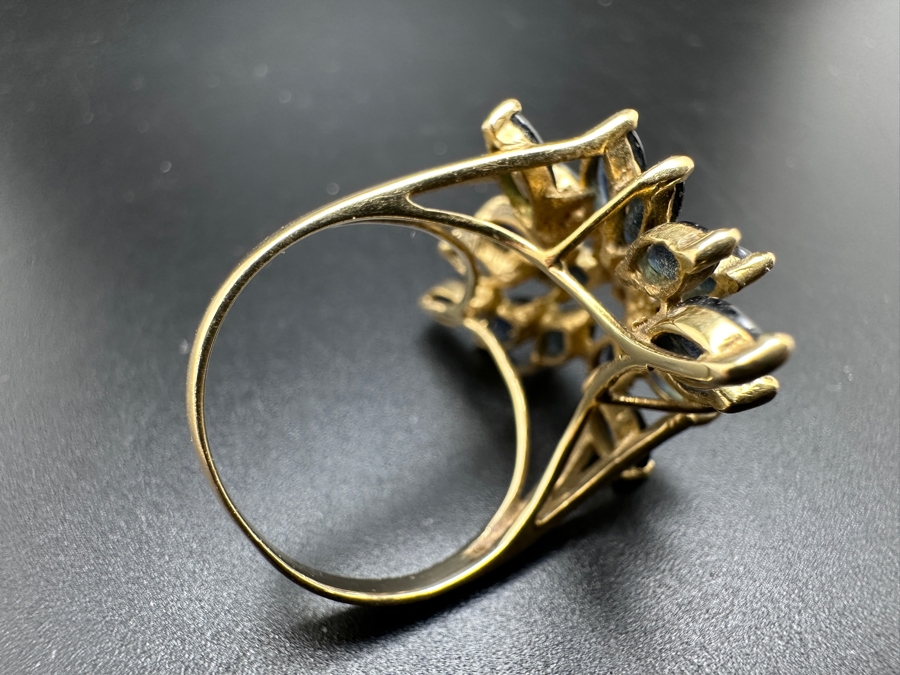 14K Gold Mozambique Sapphire / Diamond Ring (18) 6 x 3 Blue Sapphires Estimated 5.76cttw Accented With (3) Diamonds .03cttw Size 7 6.3g Retail Value $2,200 [Photo 10]