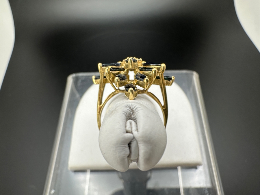 14K Gold Mozambique Sapphire / Diamond Ring (18) 6 x 3 Blue Sapphires Estimated 5.76cttw Accented With (3) Diamonds .03cttw Size 7 6.3g Retail Value $2,200 [Photo 8]