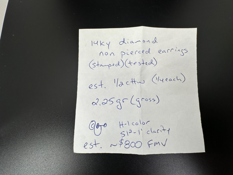 14K Gold Diamond Non-Pierced Earrings Estimated 0.5cttw H-I Color SI2-I1 Clarity 2.2g Retails $1,600 [Photo 10]