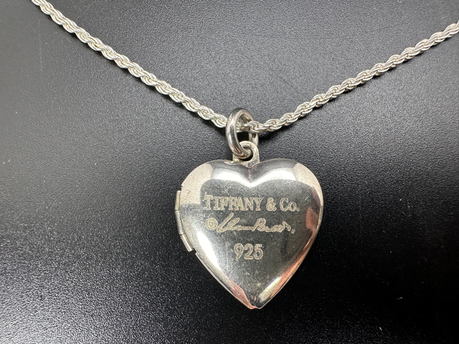 Tiffany & Co Sterling Silver Elsa Peretti Heart Locket Pendant With Sterling Silver 18' Rope Chain Necklace 7.6g [Photo 3]